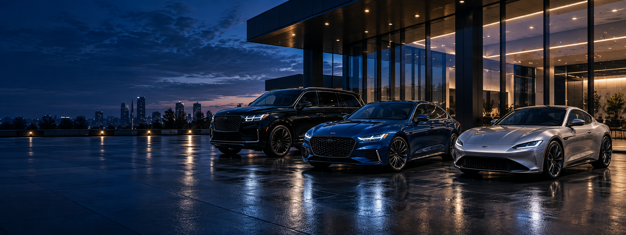 Premium SUV, sedan, and coupe outside a modern showroom